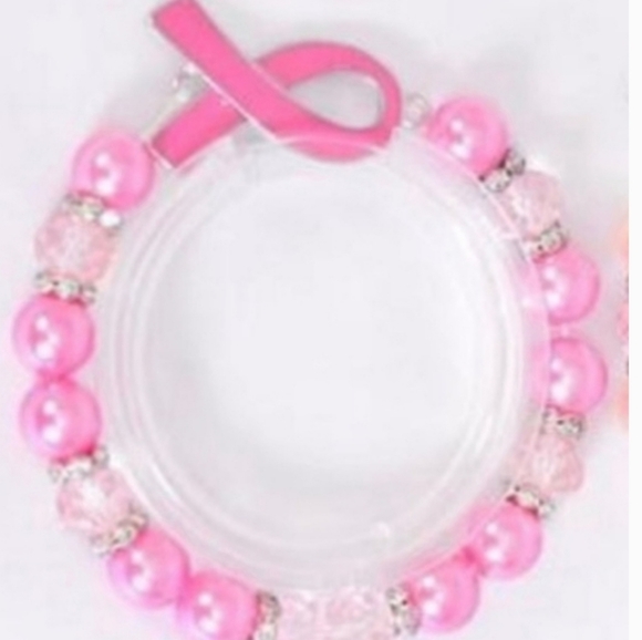 Breast Cancer Awareness Bracelet Beaded Pearly Hot Pink Hope Adjustable NEW - Picture 4 of 7